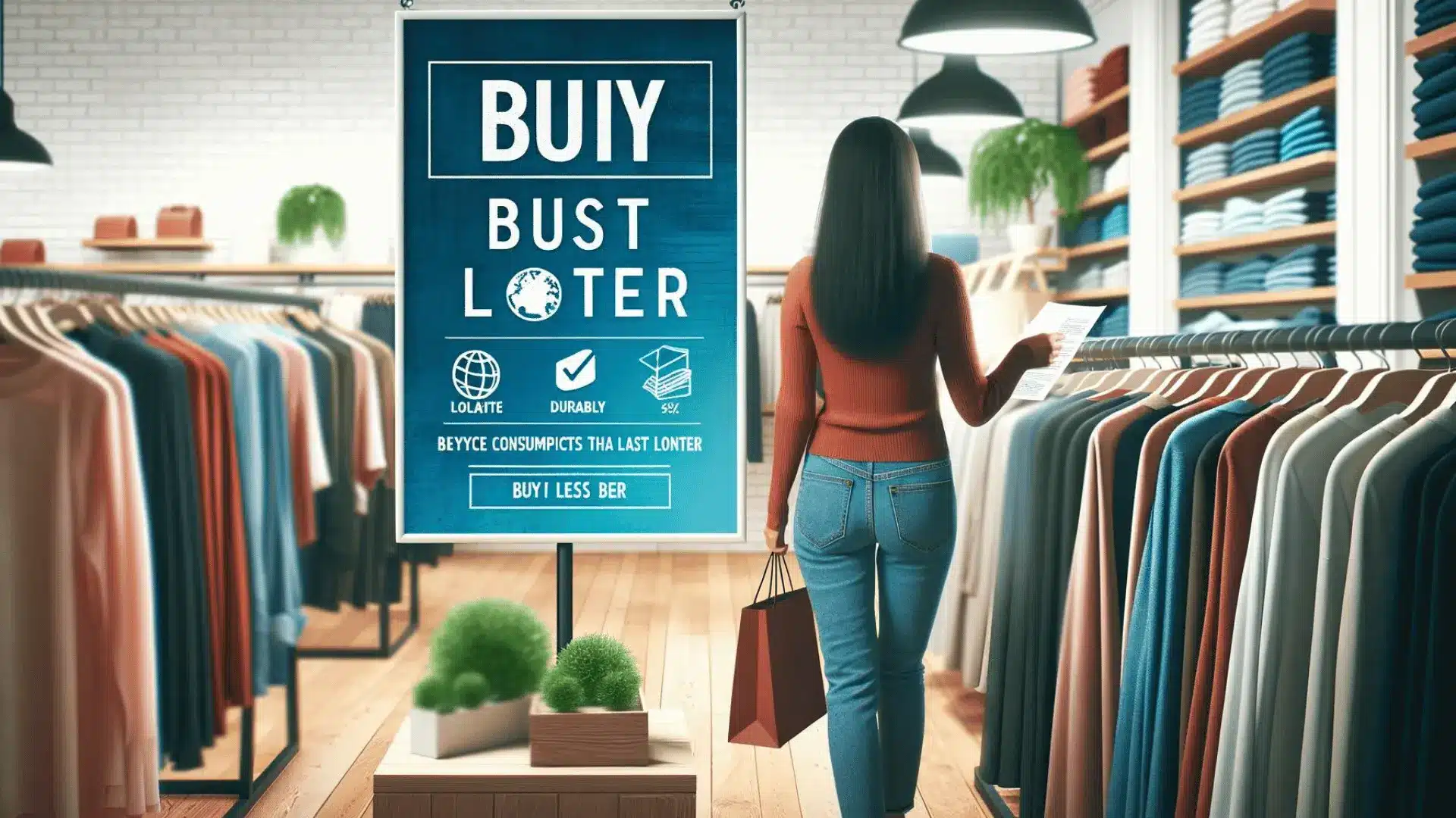 Consumer choosing long-lasting apparel in a clothing store, adhering to sustainable shopping practices.