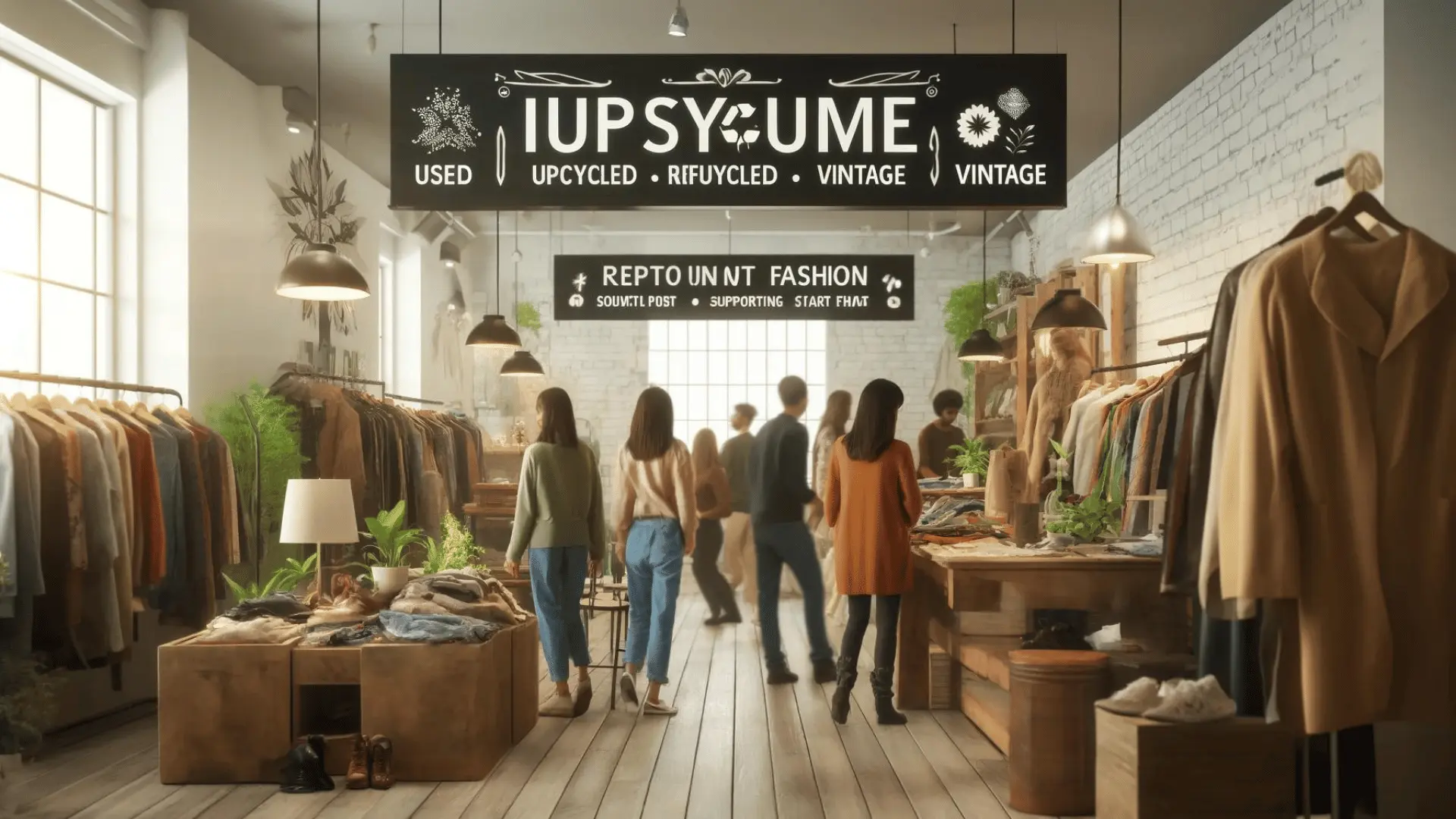 Customers browsing through upcycled and vintage clothes in an eco-friendly fashion store.
