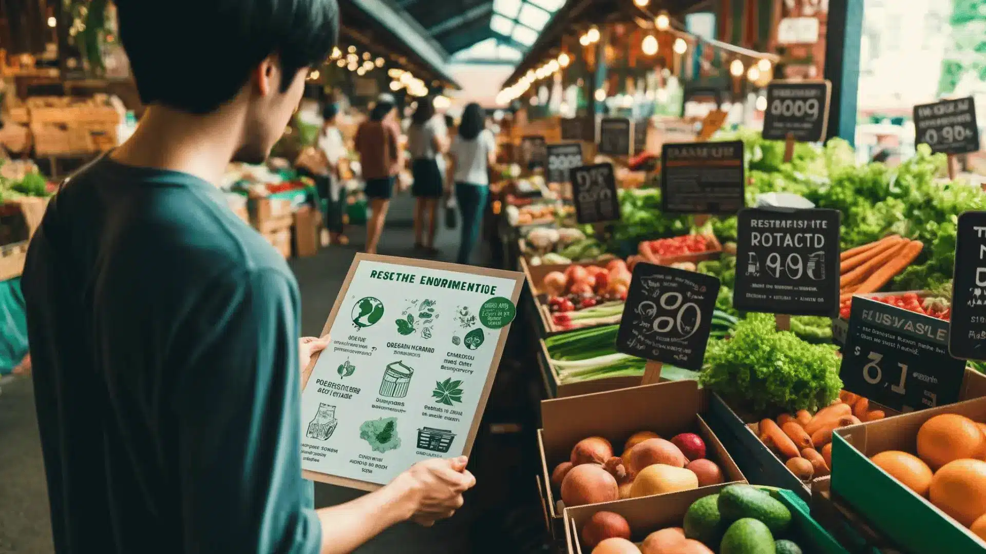 Consumer selecting sustainable and organic food options at a farmer's market
