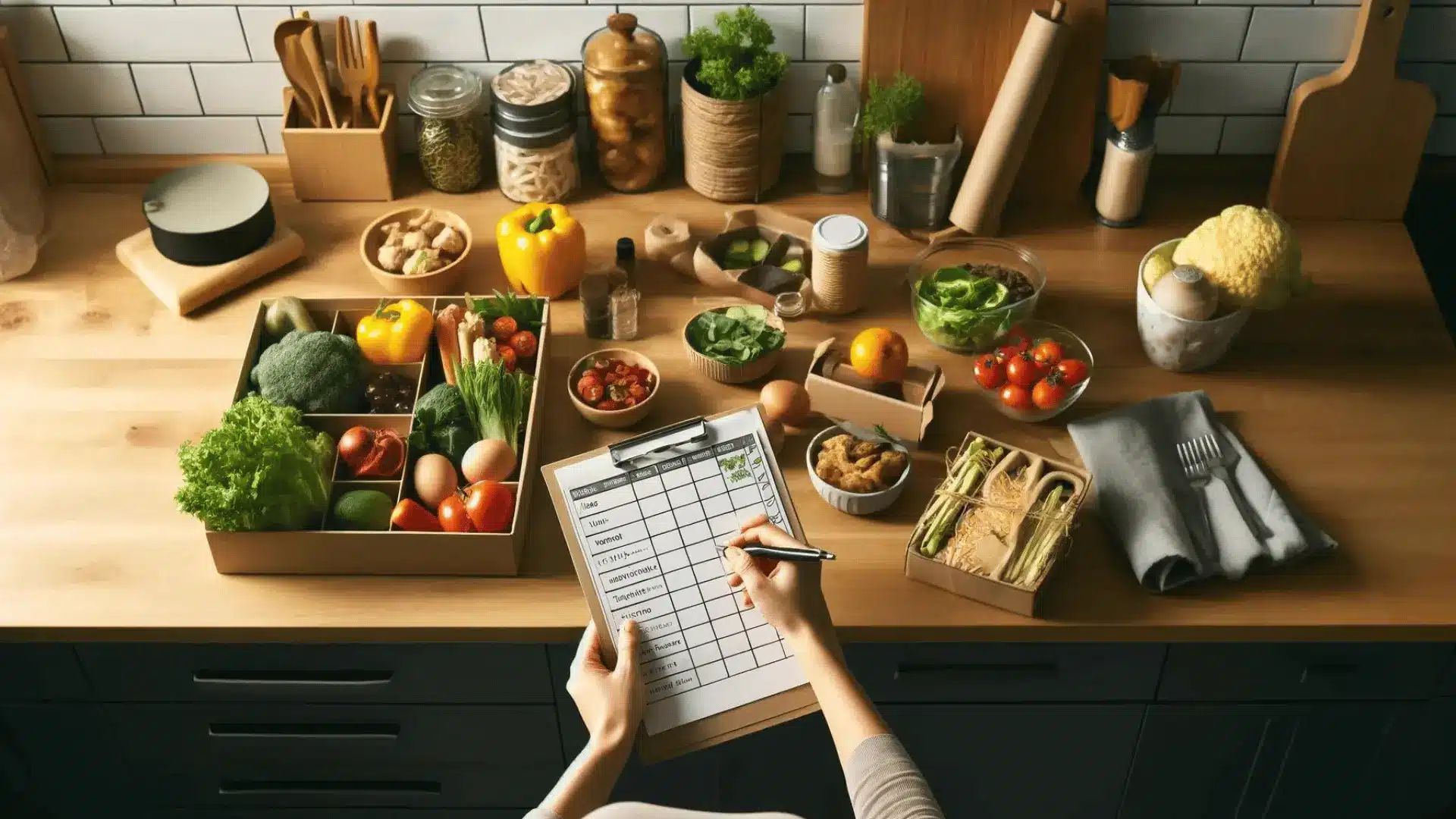 Planning meals in a home kitchen to ensure no food goes to waste, with ingredients laid out.