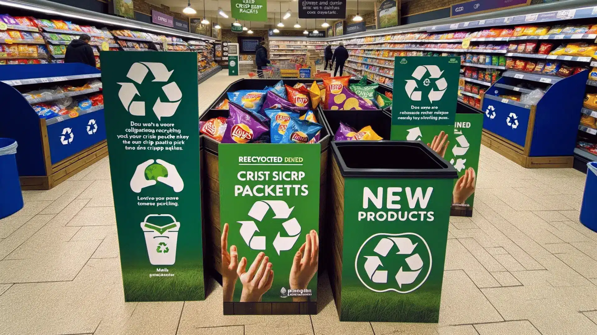 Recycling station for crisp packets in a store, promoting upcycling and waste reduction.