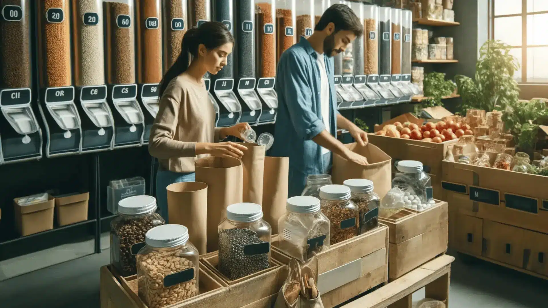 Shoppers filling containers with bulk items in a zero-waste store, reducing packaging waste.